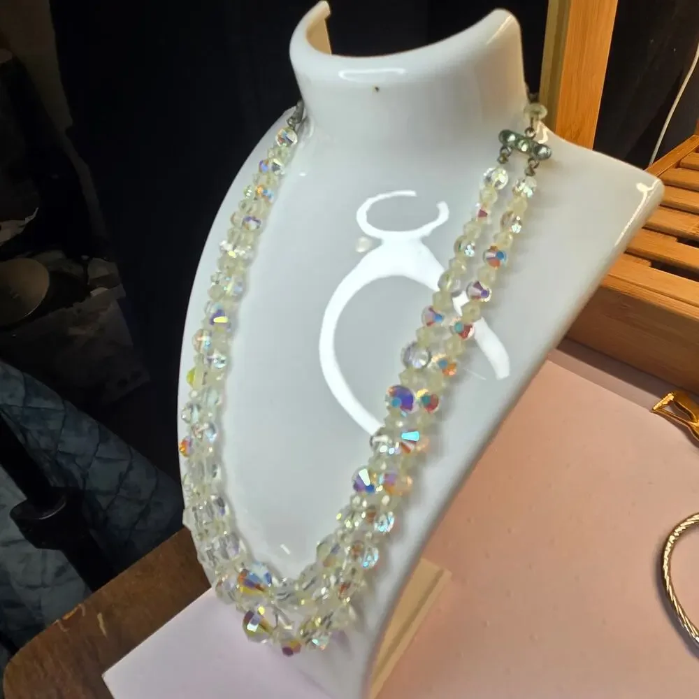Vintage 1950s Aurora Borealis Crystal Double Strand Necklace Graduated Bead